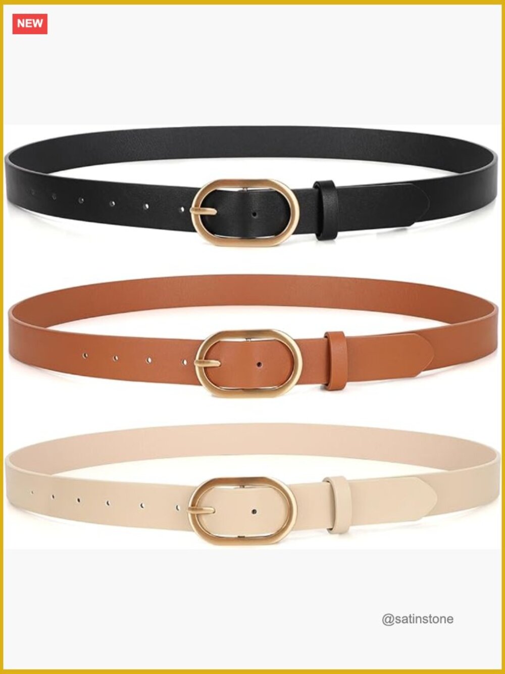 3 Pack Plus Size Faux Leather Belts with Gold Buckle for Women